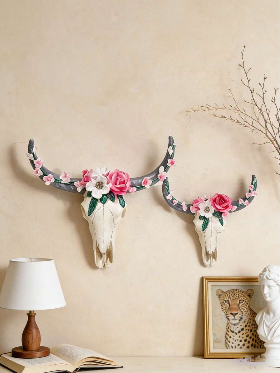 花卉骷髅壁挂装饰套装 - 波西米亚风树脂墙饰，适用于客厅/卧室、农舍家居装饰，创意艺术墙雕，可用于客厅、卧室、书房、婚礼派对、节日氛围、情人节、结婚礼物、最佳节日礼物、展示架装饰、生日礼物、毕业礼物 - 彩色 - 查看 1