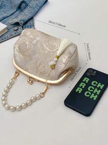 Stylish Women's Evening Bag,Bolsos De Mujer,Elegant Handbag With Pearl Beading,Gold Clutch,Clutch Purse For Women,Snap Closure, Embroidered Print, Small Size, Shoulder Bag, Suitable For Evening Banquets, Parties, Dances, Weddings, Gifts For Teachers, Gifts For Women, Valentine's Day Gifts, Mother's Day Gifts, Bridesmaid Bags, Bridal Bags.,Party - 彩色 - 查看 3