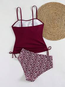 Chic Ribbed Tankini Set With Floral Print Bottoms - High Stretch, Non-Transparent, Machine Washable - Women's Fashion Swimwear - Burgundy - View 7