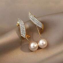 2pcs Elegant Faux Pearl & Rhinestone Inlaid Long Earrings, European And American Fashion, Elegant Earring Accessories Suitable For Women's Daily Wear