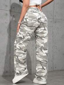 Tall Women's Casual Straight-Leg Jeans With Pocket Details, Extended Length Camouflage Print, Non-Stretch Fabric, Suitable For Everyday Wear. - Camouflage - View 5