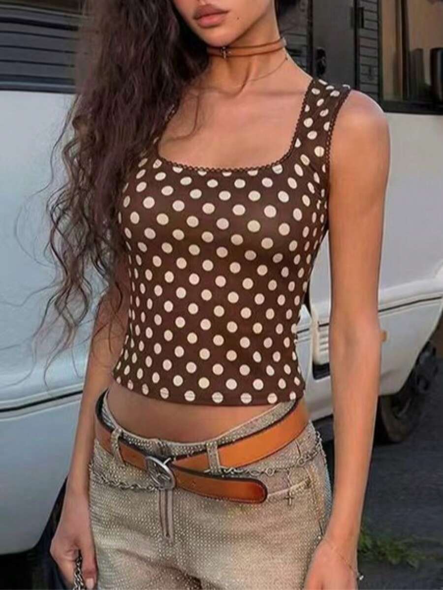 女士波点撞色印花针织面料蕾丝边复古方领吊带背心，适合海滩度假穿着，春夏休闲风 - 咖啡棕 - 查看 1
