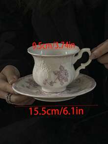 1pc French Retro Pink Embossed Ceramic Dish Set, Including Serving Plate, Coffee Cup & Saucer, Rice Bowl, Dessert Bowl, Tableware, Ceramic Plate, Coffee Cup & Saucer Series, Dessert Plate, Holiday/Souvenir Gift Back To School