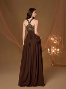 Mgiacy New Arrival Round Neck Halter Fancy Evening Gown Dress Sequin Ruched High Slit Chiffon Long Dress - Brown - View 2
