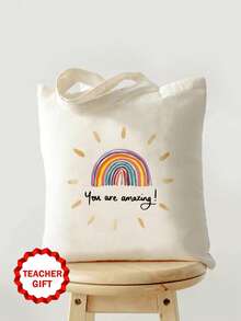 1件/2件/4件套，大容量教师主题帆布手提袋和便携式拉链铅笔盒收纳袋套装，附赠感谢卡和苹果钥匙扣帆布组合套装，返校季、毕业季、教师节必备礼物，多功能购物袋、书包、文具袋套装 - 米色 - 查看 58