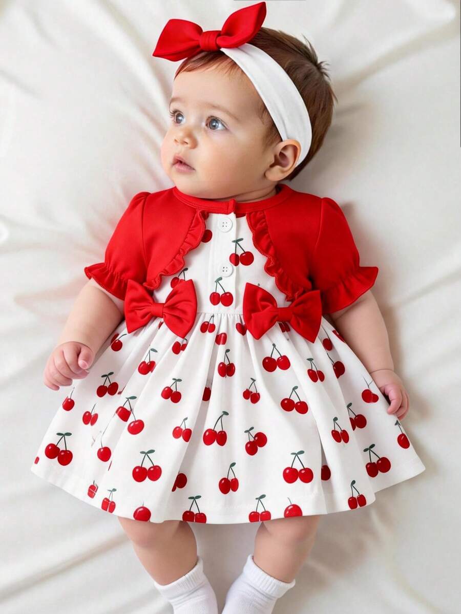 新生女宝宝可爱甜美樱桃印花圆领荷叶边泡泡袖连衣裙配发带，夏季 - 彩色 - 查看 1