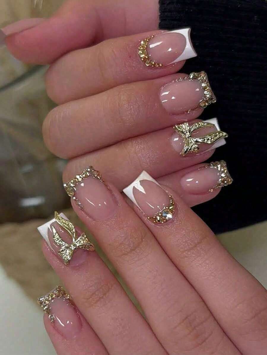 24pcs Rectangle Press-On Nails, White French Manicure With Decor, Elegant Full Coverage, Suitable Women & Girls Summer Nails, Daily Wear, Nail Art Supplies - 白色 2 - 查看 1
