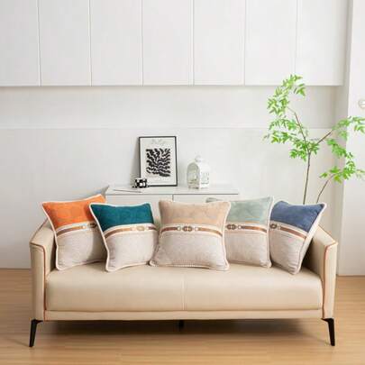 Luxury Chenille Decorative Throw Pillow Cover 18x18 Inch, Orange & Grey Color Block Pillow Case With Pom Pom Trim, Bohemian Retro Pattern Accent Cushion Cover For Couch Sofa Bed Living Room Home And Holiday Decor (Cover Only)