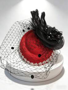 1件女士头饰帽，带网纱面纱、羽毛花朵和珍珠饰边，复古优雅鸡尾酒会头饰，红、白、黑三色可选，是婚礼、肯塔基德比、下午茶派对和复古主题活动的理想之选 - A - 查看 15