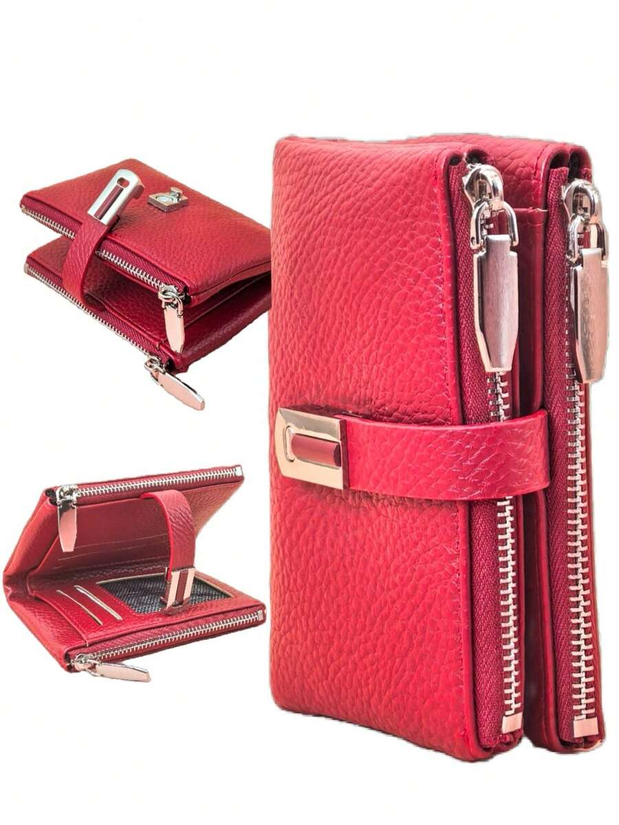 MINGYOU Women's Short Snap Wallet PU Soft Multi-Function Fashion Casual Card Holder Zipper Minimalist Student Coin Purse Compact And Stylish For Easy Carrying For Women Money Wallet Mini Wallet Purse Wallet Small Wallet - Red - View 1