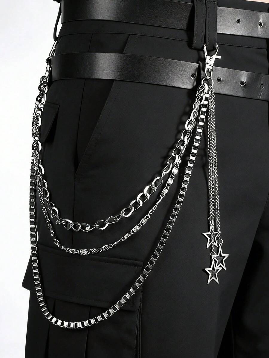 1pc Fashion Hip Hop Star Pendant Chain Belt, Men's Patchwork Pants Chain Accessory, Metal Box Chain Punk Waist Chain - Silver - View 1