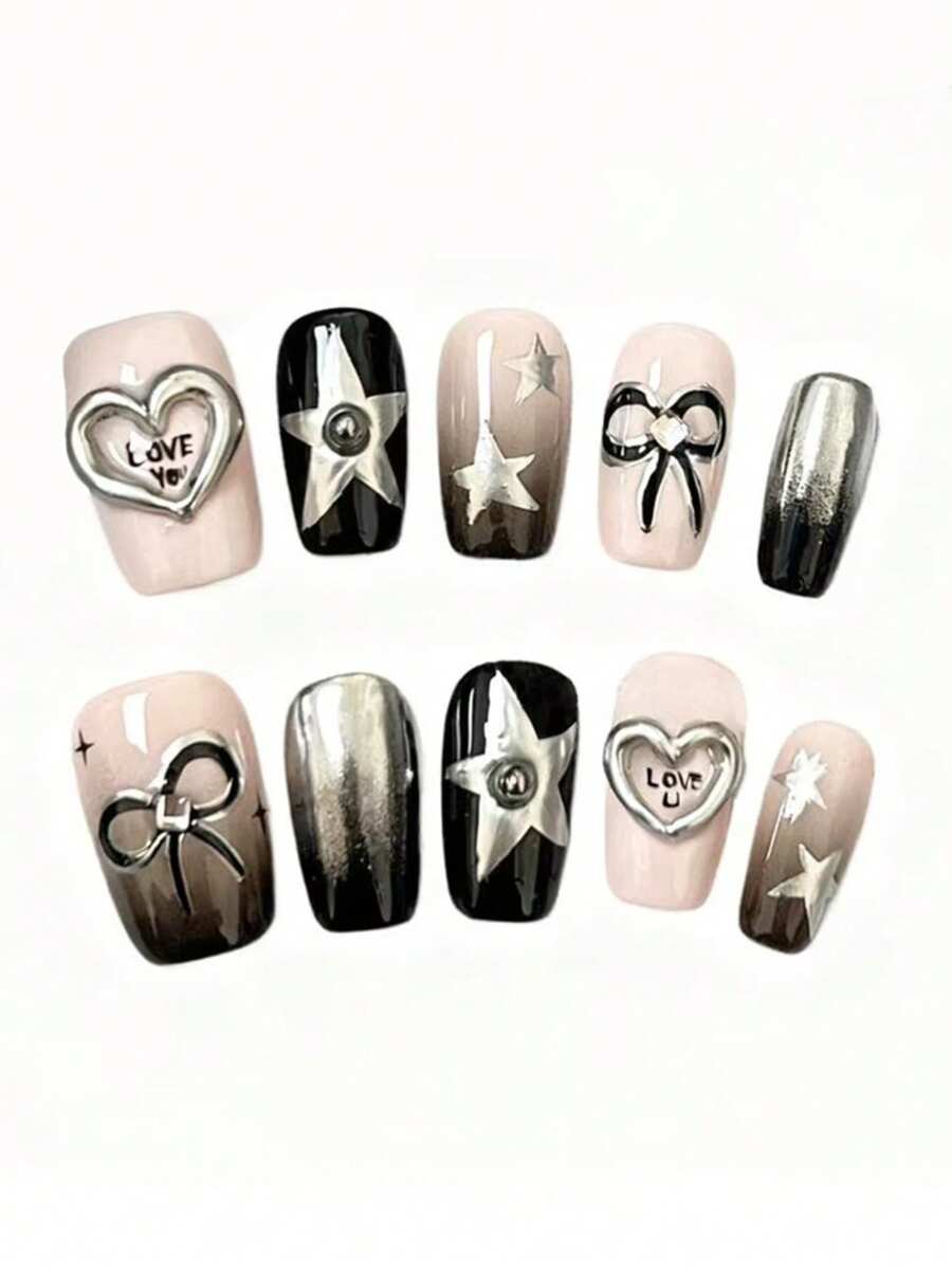 10pcs It's Named Star Bow Love Heart. This Manicure Pairs Soft Nude-Pink With Glossy Jet-Black Bases, Accented With Gradient Silver Details, 3D Heart Charms Engraved With "LOVE YOU," Metallic Star Motifs, And Delicate Bow Patterns. The Blend Of Sweet And Edgy Elements Creates A Playful Yet Chic Aura-Perfect For Those Who Love Romantic Yet Bold Nail Art With A Modern, Youthful Charm. - Multicolor - View 1