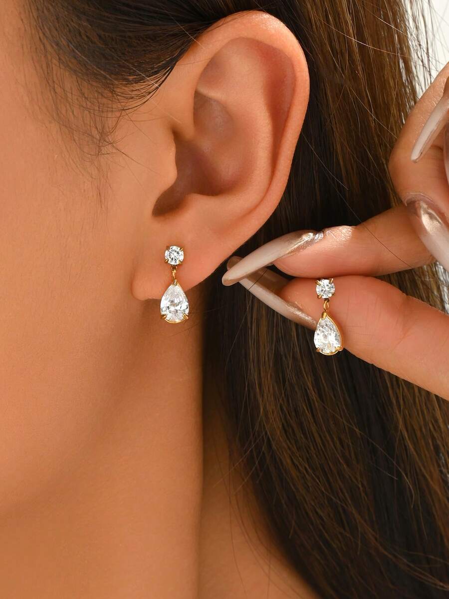 一对奢华小众闪亮锆石水滴耳环，时尚百搭优雅，适合女性日常通勤佩戴 - 耳環 - 查看 1