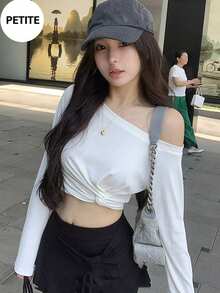 休閒甜美純真不對稱單肩上衣，短版百搭長袖T恤，適合女性，春/夏，小個子女性 - 白色 - 查看 2