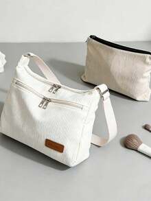 College Style Women's Corduroy Shoulder Bag - Casual Sports Dumpling Shaped Crossbody Bag, Adjustable Strap, New Autumn/Winter Corduroy Bag For Students, Commute Dumpling Bag Casual Versatile Crossbody, Lightweight, Zipper Closure, Polyester Lining, Solid Color, Coated Edge Detail - Suitable For Fashionable Women's Daily Use, Travel, Shopping - Ideal Gift For Young Girls - Multicolor - View 5