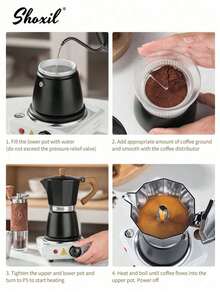 shoxil 1pc Moka Pot, Stovetop Espresso Maker, Italian Coffee Pot, 3/6 Cup Capacity Coffee Maker, Aluminum Stovetop Camping Espresso Pot, Cappuccino Or Latte Coffee Maker, Essential For Back To School - Black - View 2