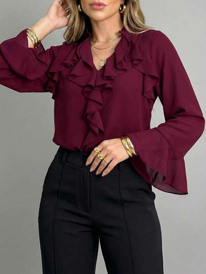 ANCHOSE بلوزة نسائية أنيقة بأكمام جرس طويلة وياقة على شكل حرف V مع كشكشة باللون البرغندي، مناسبة للمكتب والمناسبات العادية، للربيع والخريف