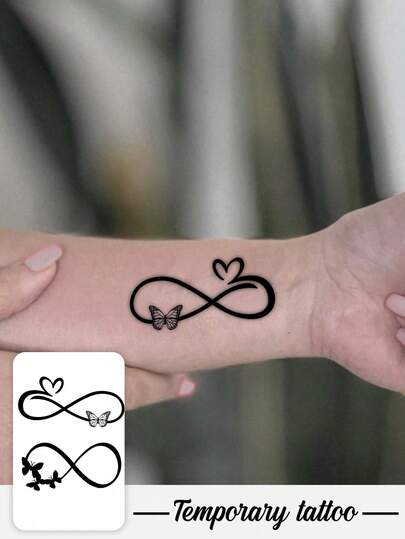 1张纹身贴纸，Y2K风格黑色Usmobi戒指蝴蝶爱心图案，防水防汗，可水洗，不反光，手臂肩部仿真纹身，适合时尚人士，可持续3-5天。