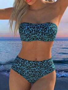 Bộ bikini 2 mảnh cạp cao họa tiết da báo gợi cảm, kiểu dáng châu Âu và Mỹ, thích hợp cho kỳ nghỉ hè trên bãi biển. - Nhiều màu - Xem 1