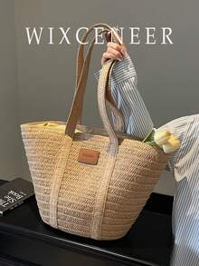 新款时尚草编水桶包，大容量编织单肩手提包，休闲度假手提包 - 卡其色 - 查看 2