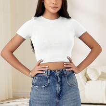 Casual Printed Round-Neck T-Shirt, Crop Top For Y, Suitable For Summer And , Women'S Clothing American-Style Sexy Sporty Crop Top, Black Midriff-Baring T-Shirt, Summer Sportswear. - 黑色 - 查看 2