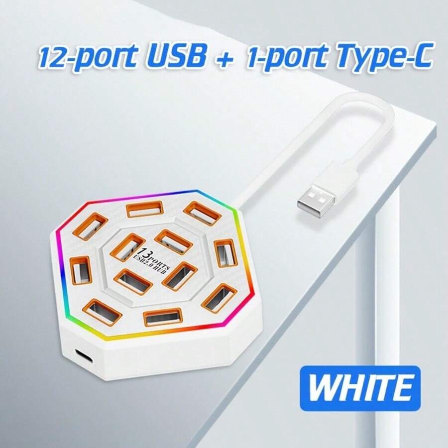 13-In-1 USB-A & Type-C Hub With RGB Lighting - AITALK Plug & Play Docking Station, Compatible With Laptops, Mice, Keyboards, USB Drives And More Devices - White - View 1