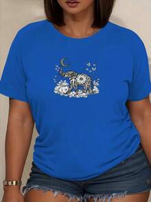 Camiseta casual de cuello redondo con estampado vintage de elefante |     Estampado animal minimalista, perfecto para uso diario, fiestas, atuendos casuales y entusiastas de las vacaciones - Apto para todas las estaciones - Lavable en máquina - Azul - Ver 1
