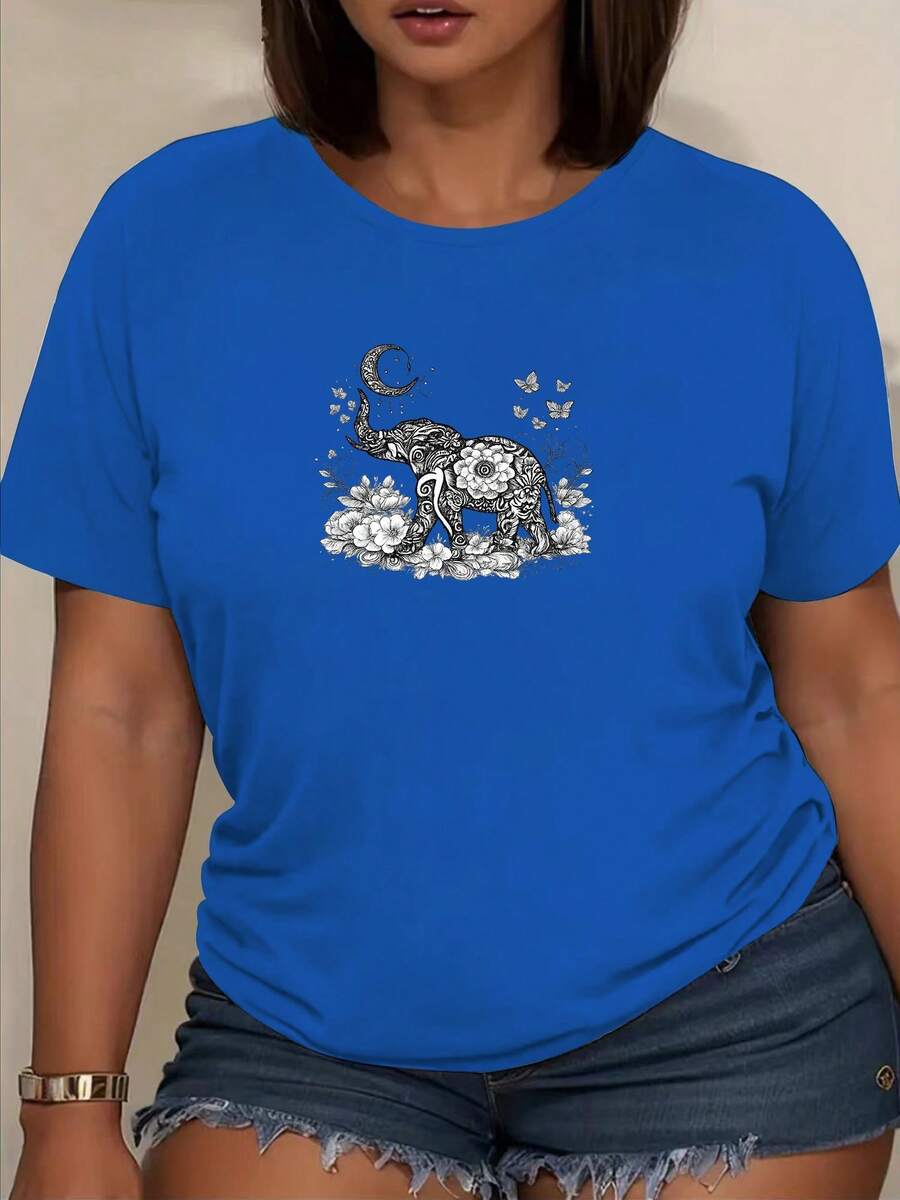 Camiseta casual de cuello redondo con estampado vintage de elefante |     Estampado animal minimalista, perfecto para uso diario, fiestas, atuendos casuales y entusiastas de las vacaciones - Apto para todas las estaciones - Lavable en máquina - Azul - Ver 1
