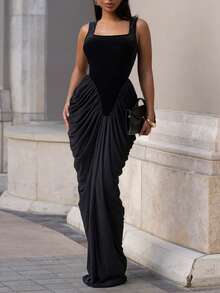 Elegant Party Sexy Draped Asymmetrical Ruched Red Dress - màu đen - Xem 2