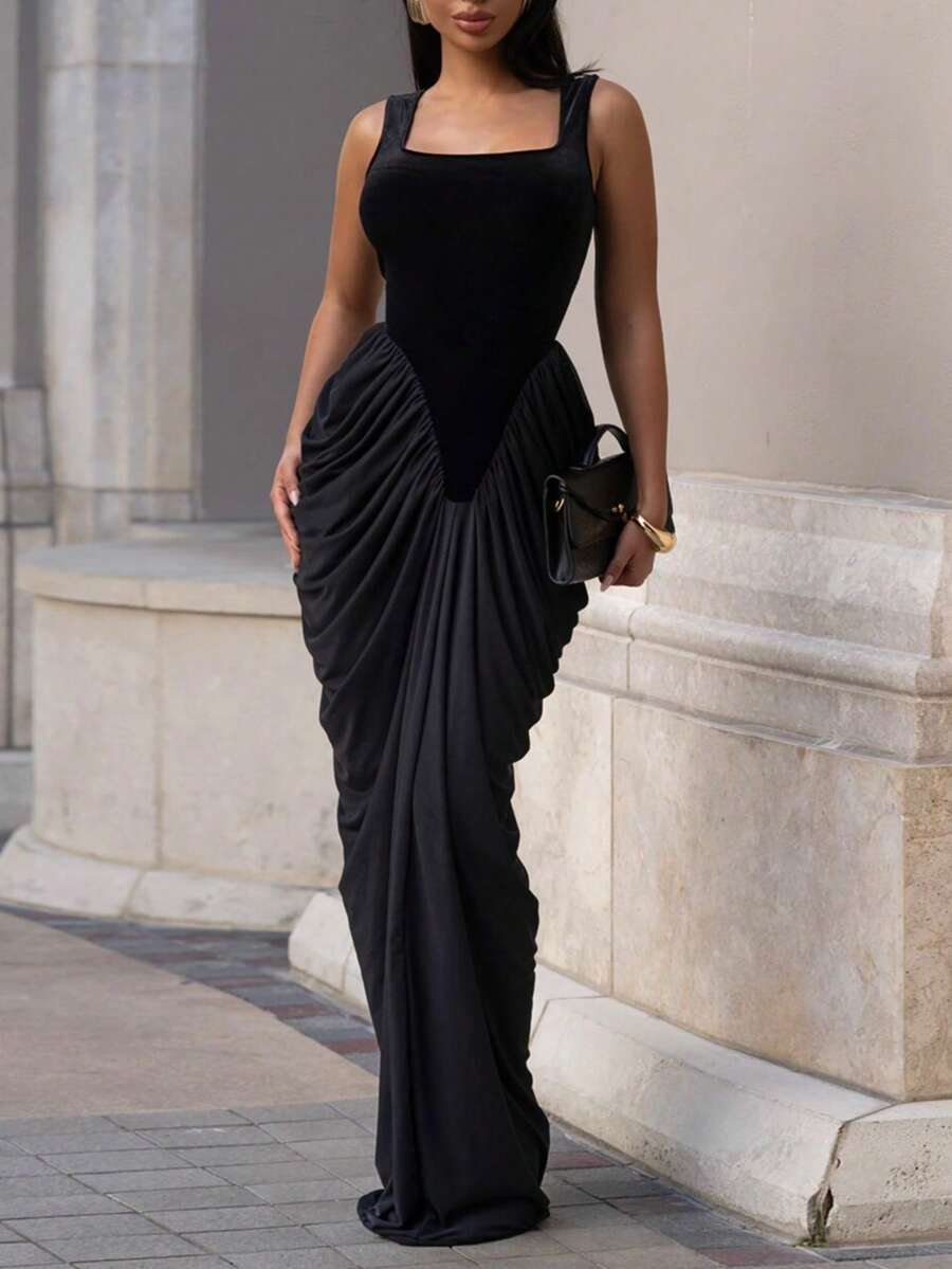 Elegant Party Sexy Draped Asymmetrical Ruched Red Dress - 黑色 - 查看 1