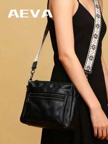 Bohemian Style Women's Shoulder Bag, Multi-Pocket Zipper Closure, Retro Elegant Street Fashion Crossbody Bag, Lightweight Outdoor Portable Square Bag, Fits Phone, Camera, Coins, Cosmetics, Casual Chic Handbag, Soft Solid Color Minimalist PU Leather, Polyester Lining, Suitable For Travel, Vacation, Party, Business, Mommy Bag, Detachable Shoulder Strap - Black - View 3