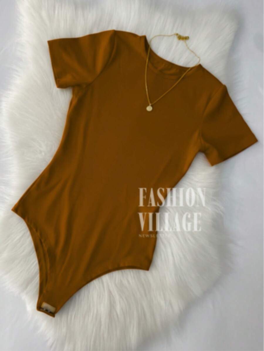 Women's Crew Neck Bodysuit In Spandex, Summer Blogger Style 2025 - Camel - Ver 1