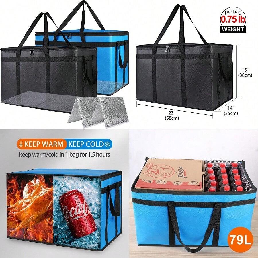 2PK Cooler Insulated Food Delivery Bag With Bottom For Delivery Drivers, XXXLarge Thermal Bags For Catering Hot Pizza, Travel Camping Picnic BasketGrocery Reusable Warmer Frozen, BlackBlue - XXXL avec bottine rigide - Voir 1