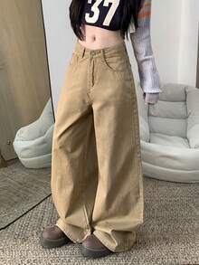 复古美式宽松腰部喇叭裤工装牛仔裤 - 卡其色 - 查看 4