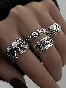 Bộ 4 chiếc nhẫn đeo đốt ngón tay kiểu Gothic hình đầu lâu và trái tim. - Bạc - Xem 1