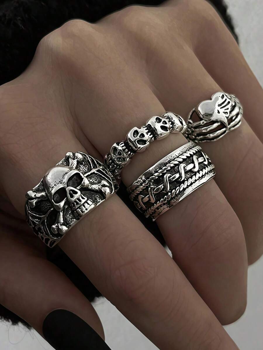 Bộ 4 chiếc nhẫn đeo đốt ngón tay kiểu Gothic hình đầu lâu và trái tim. - Bạc - Xem 1