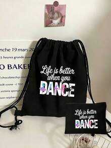 两件套时尚简约印花双肩包，带抽绳口袋，印有“舞蹈三色”图案；休闲可折叠单肩包，配有固定肩带和搭扣；大容量运动包；可重复使用旅行包；内含化妆包、洗漱包、钱包、休闲收纳手拿包；适合健身、舞蹈、日常通勤和户外运动；新年礼物、情人节礼物 - 彩色 - 查看 6