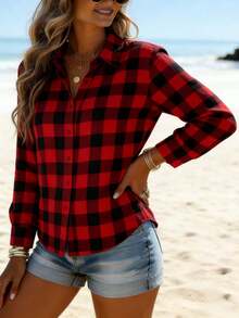 Women's Red & Black Plaid Shirt Collar Button-Up Top, Regular Sleeve Length Spring - Red and Black Plaid - View 2