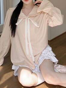 女士彼得潘领条纹衬衫，荷叶边系领甜美可爱宽松轻薄上衣，春夏款 - 粉色 - 查看 4