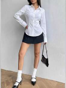 Women's New Slim Fit Long Sleeve Collared Button-Up Shirt, Minimalist & Fashionable, Elegant & Casual, Essential Wardrobe Piece, Spring/Autumn White - White - View 6