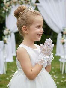 1 双女童白色蕾丝蝴蝶结手套，适合 4-12 岁儿童 - 1Pair - 查看 6