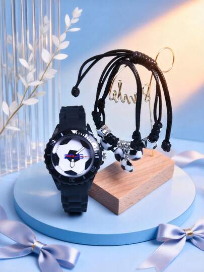 3件套男士礼品，2026新款足球运动手表，柔软硅胶表带石英腕表，可调节编织绳手链