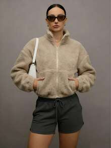 女士优雅拉链羊毛短外套 早春时尚新款纯色时尚泰迪熊外套 情人节情侣外套 棕色外出上衣 春夏度假派对健身运动休闲宽松长袖春假女式街头外套 - 卡其色 - 查看 8