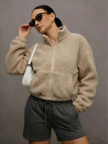 女士优雅拉链羊毛短外套 早春时尚新款纯色时尚泰迪熊外套 情人节情侣外套 棕色外出上衣 春夏度假派对健身运动休闲宽松长袖春假女式街头外套 - 卡其色 - 查看 9