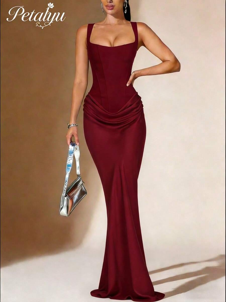Fitted Fishbone Halter Maxi Dress, Slim-Fitting Solid Color Bodycon Dress, Suitable For Formal Occasions Such As Weddings, Parties, Banquets, And Evening Gowns With Long Trains. - Gỗ đỏ - Xem 1