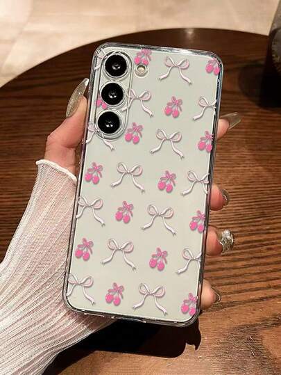 1个加厚樱桃蝴蝶结彩绘透明手机壳，兼容三星Galaxy S26/S26 Plus/S26 Ultra、S25/S25 Plus/S25 Ultra、A17、A07、A16、A36、A26、A56、A50、A12、A32、A52、A72、A51、A21S、A13、A14、S24/S24 Plus/S24 Ultra、S22、A52、A53、A54、A55、S23、11/12 Pro/12/12X/13 Pro/14 Pro/15 Pro、Redmi 10/9/Note 9/12C/Note 11 Pro/Note 8 Pro