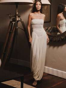 2026 New Women's Clothing Fashion Pleated Design Waist Sexy Tube Top Solid Color Dress - 白色 - 查看 2