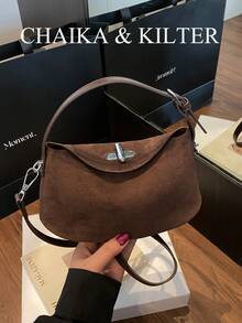 1 件 CHAIKA & KILTER 纯色绒面革手提包，女士复古时尚枕头手提包，顶部提手，扭锁开合，可拆卸可调节肩带，适合日常和户外使用 - 咖啡 - 查看 4