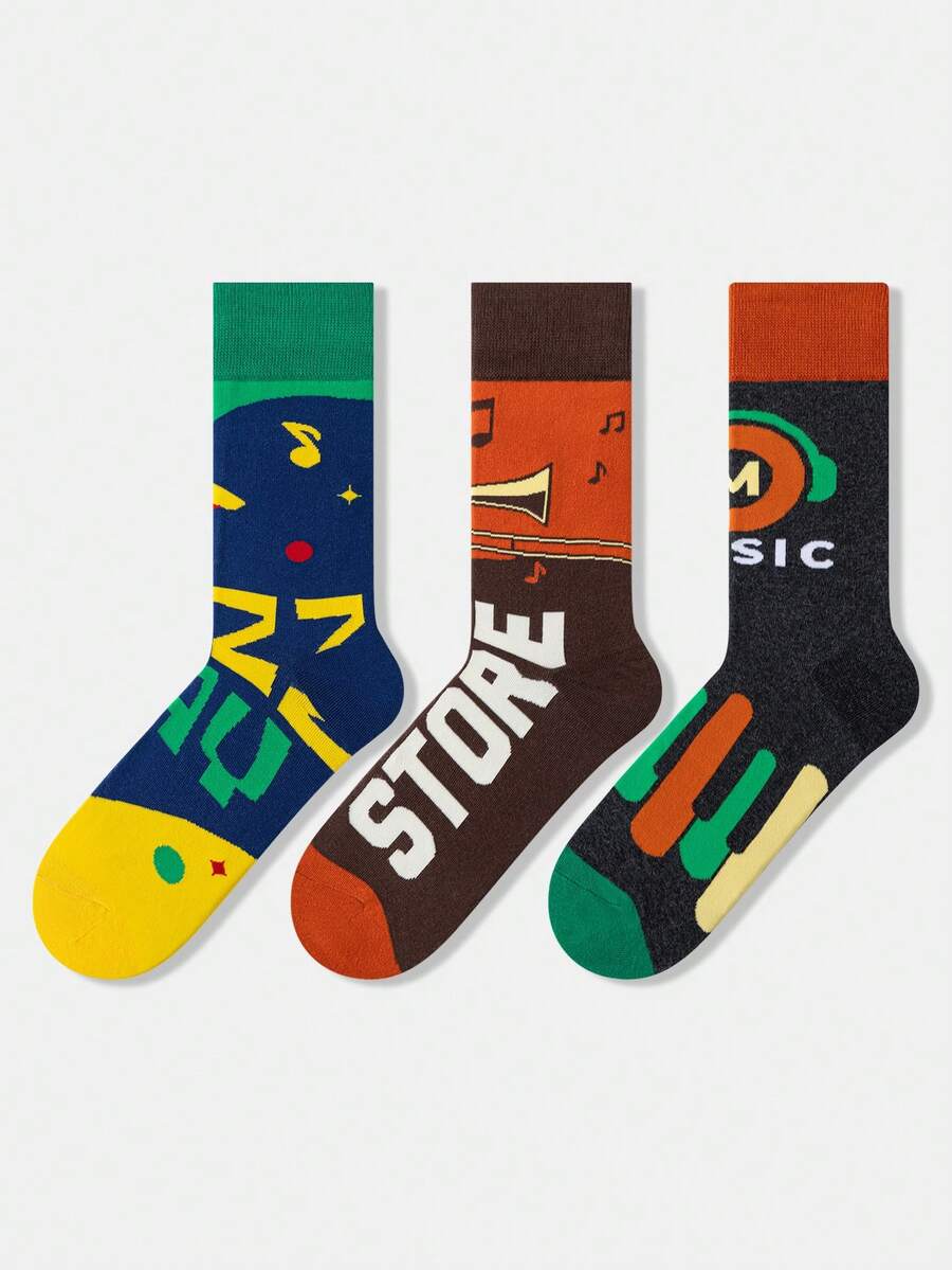 1/3双男女通用乐器符号字母图案袜子，艺术设计，精梳棉，适合旅行、居家、办公、节日送礼 - 彩色 - 查看 1