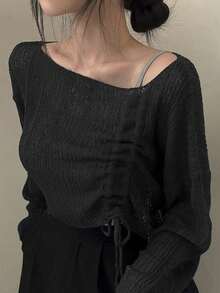 女士上衣，韩版柔软针织抽绳毛衣，黑色 - 黑色 - 查看 3